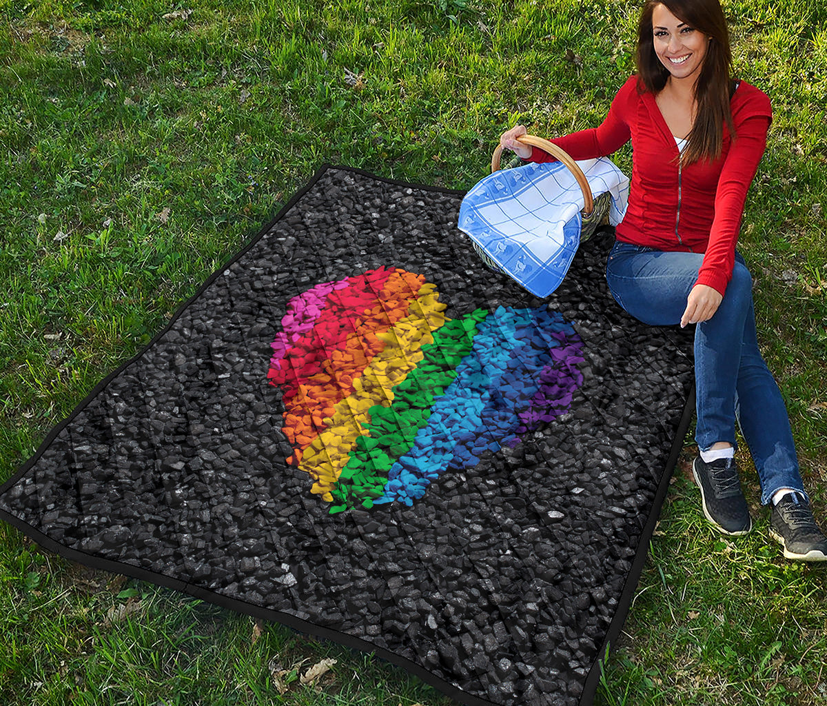 LGBT Pride Rainbow Heart Stones Print Quilt