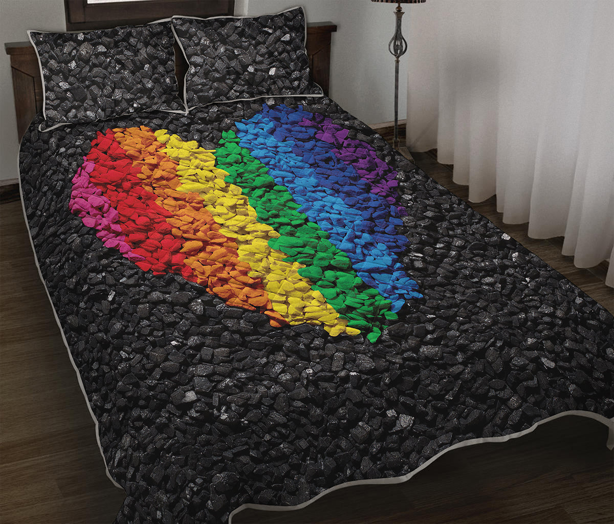 LGBT Pride Rainbow Heart Stones Print Quilt Bed Set