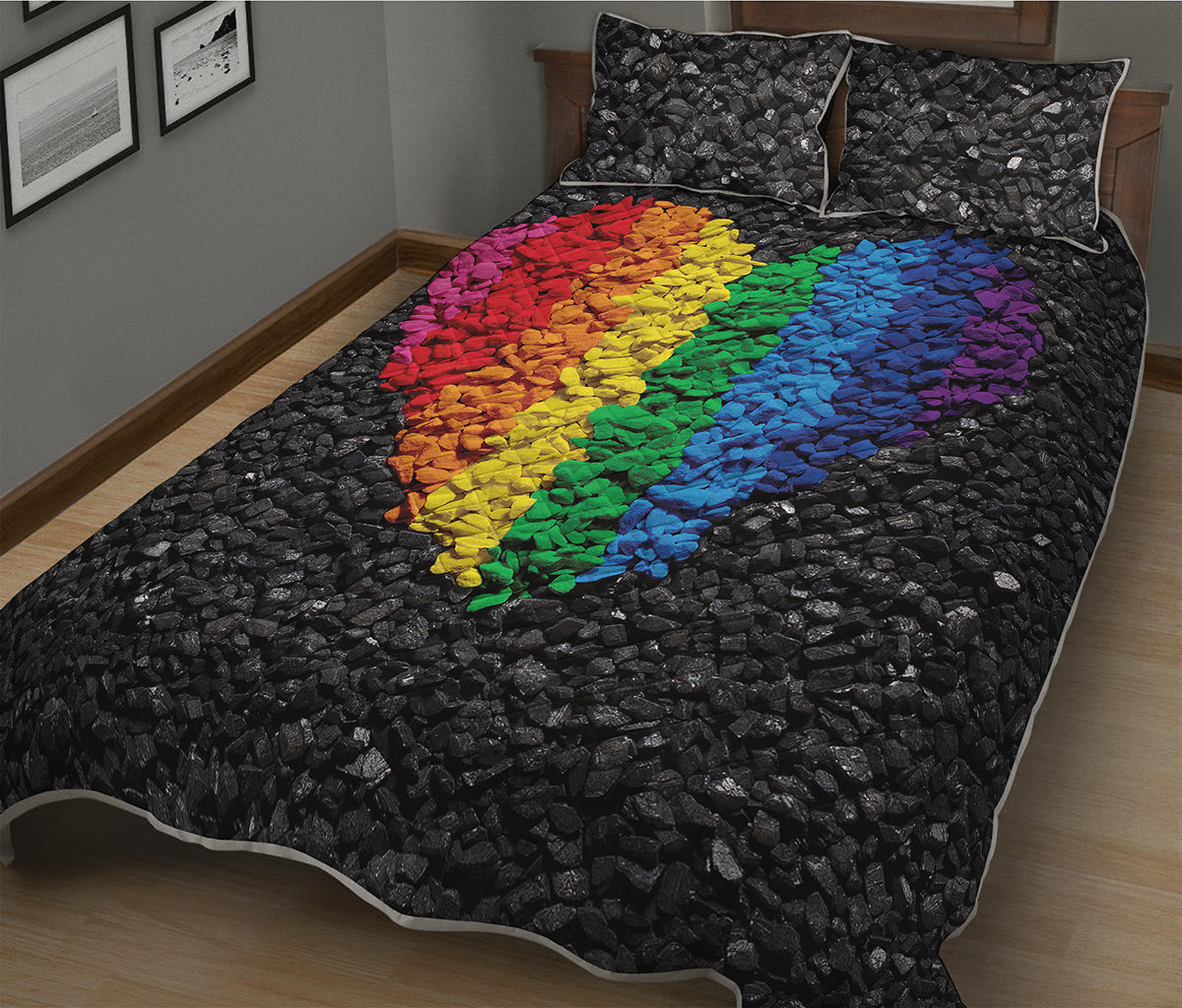 LGBT Pride Rainbow Heart Stones Print Quilt Bed Set