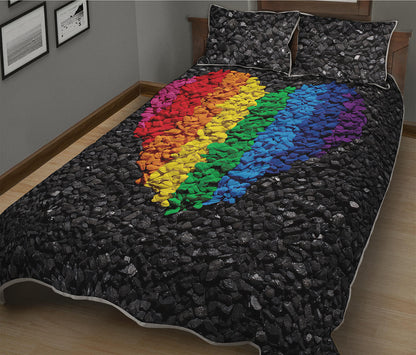 LGBT Pride Rainbow Heart Stones Print Quilt Bed Set