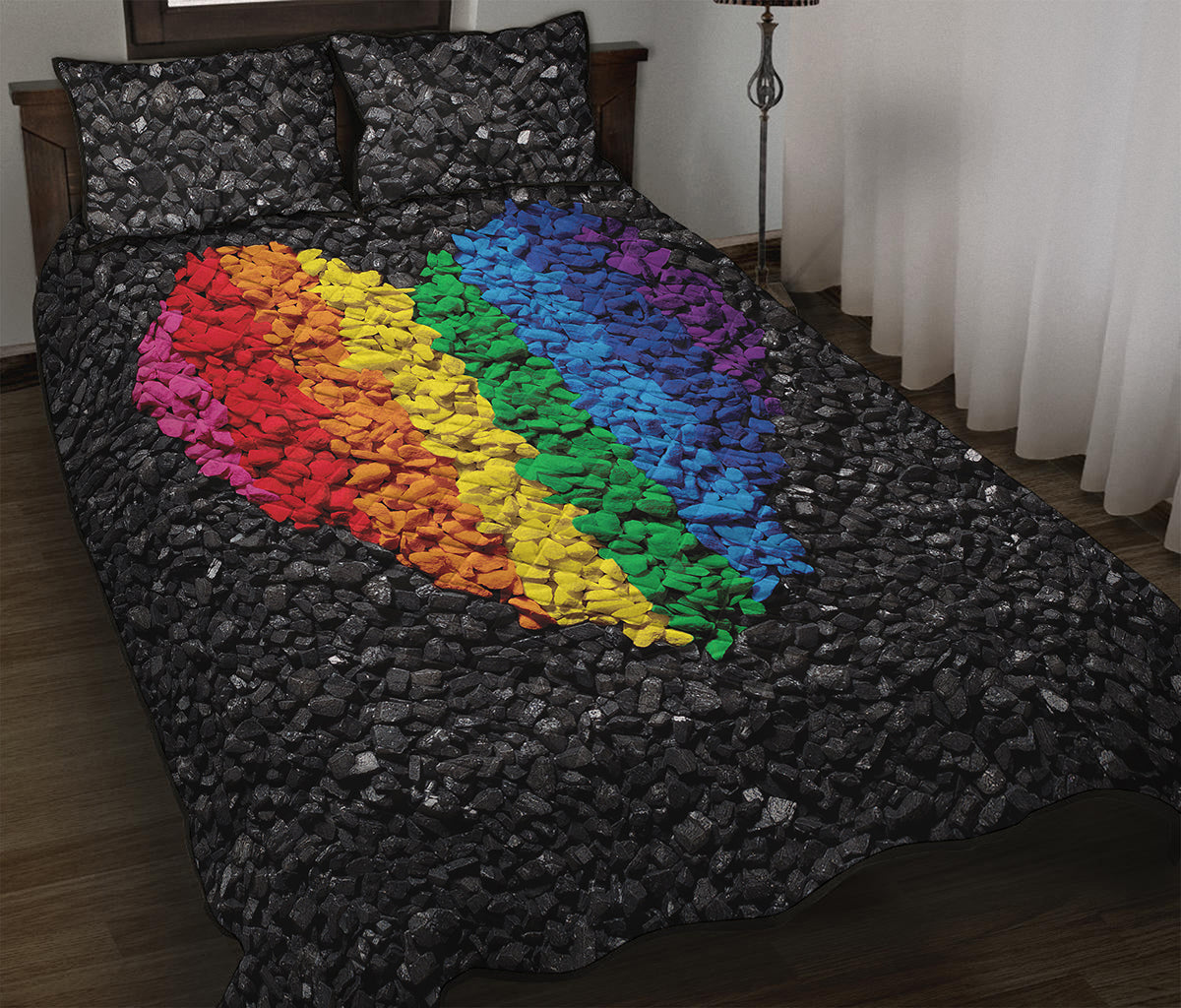 LGBT Pride Rainbow Heart Stones Print Quilt Bed Set