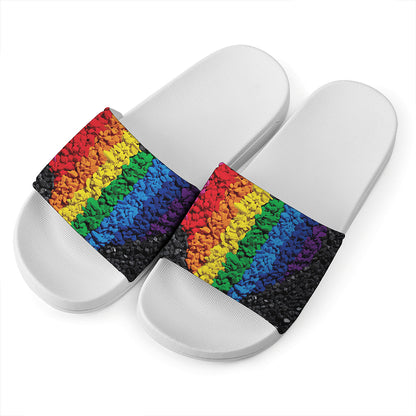 LGBT Pride Rainbow Heart Stones Print White Slide Sandals