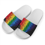 LGBT Pride Rainbow Heart Stones Print White Slide Sandals