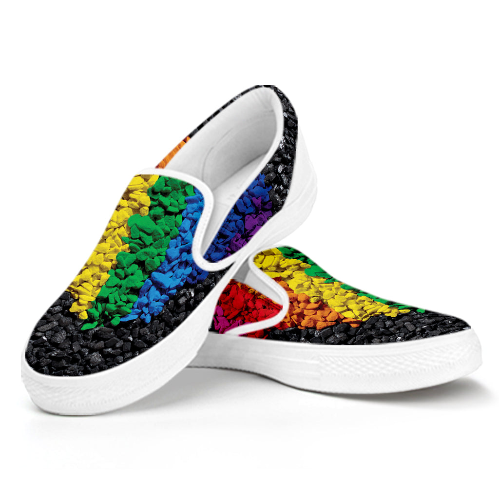 LGBT Pride Rainbow Heart Stones Print White Slip On Shoes