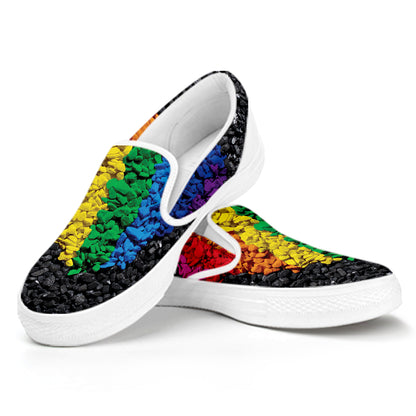 LGBT Pride Rainbow Heart Stones Print White Slip On Shoes