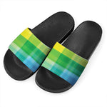 LGBT Pride Rainbow Plaid Pattern Print Black Slide Sandals