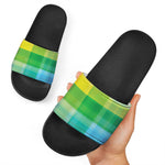 LGBT Pride Rainbow Plaid Pattern Print Black Slide Sandals