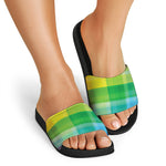 LGBT Pride Rainbow Plaid Pattern Print Black Slide Sandals