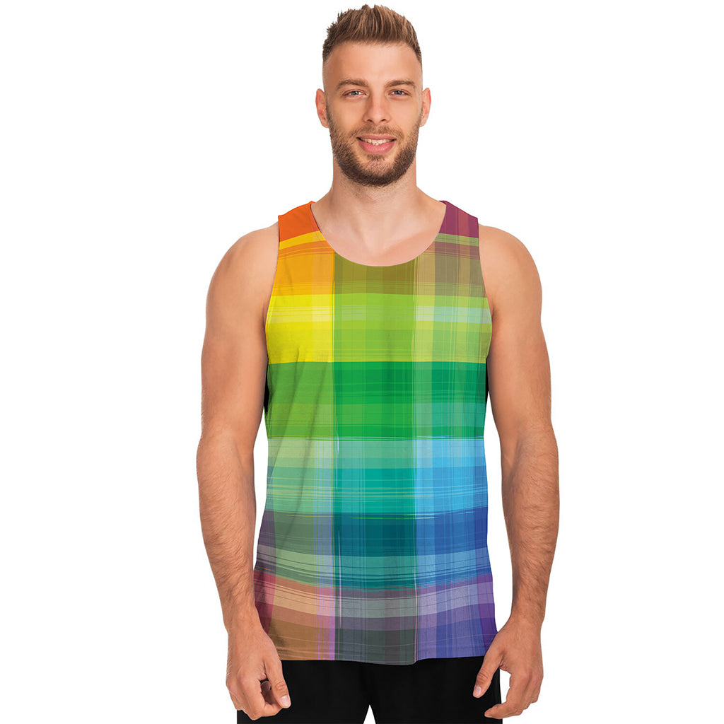LGBT Pride Rainbow Plaid Pattern Print Men's Tank Top