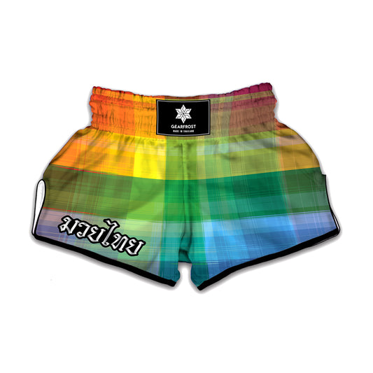 LGBT Pride Rainbow Plaid Pattern Print Muay Thai Boxing Shorts