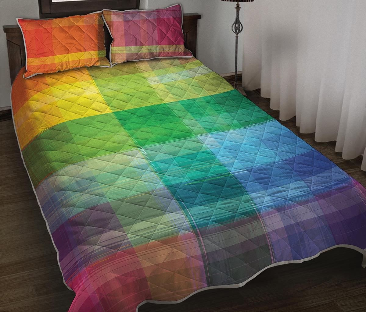 LGBT Pride Rainbow Plaid Pattern Print Quilt Bed Set