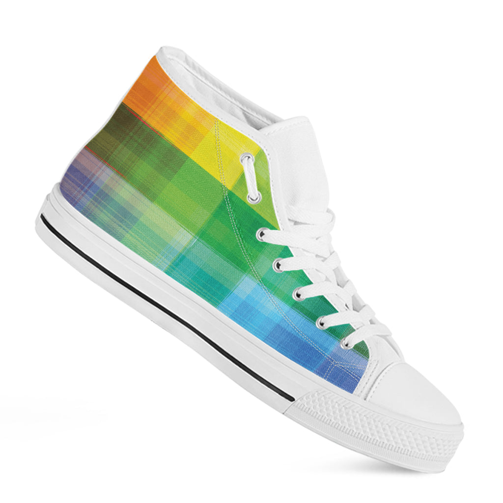 LGBT Pride Rainbow Plaid Pattern Print White High Top Shoes