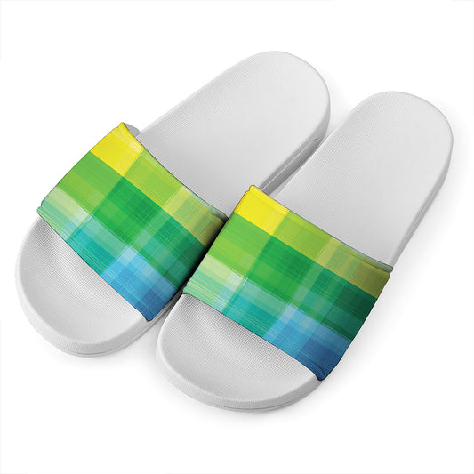 LGBT Pride Rainbow Plaid Pattern Print White Slide Sandals