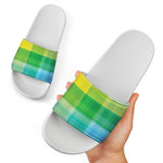 LGBT Pride Rainbow Plaid Pattern Print White Slide Sandals