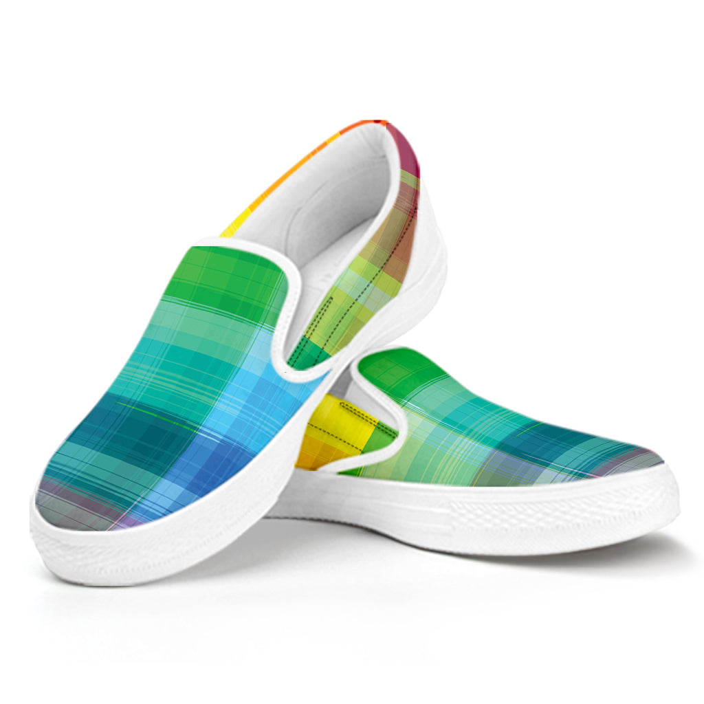 LGBT Pride Rainbow Plaid Pattern Print White Slip On Shoes