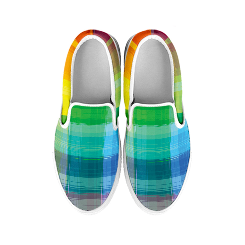 LGBT Pride Rainbow Plaid Pattern Print White Slip On Shoes