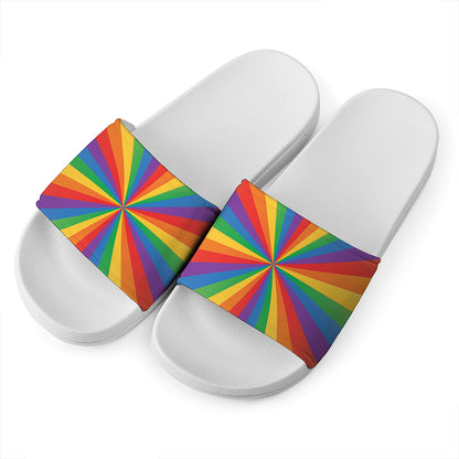 LGBT Pride Rainbow Rays Print White Slide Sandals