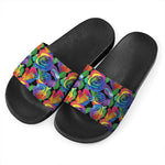 LGBT Pride Rainbow Roses Pattern Print Black Slide Sandals