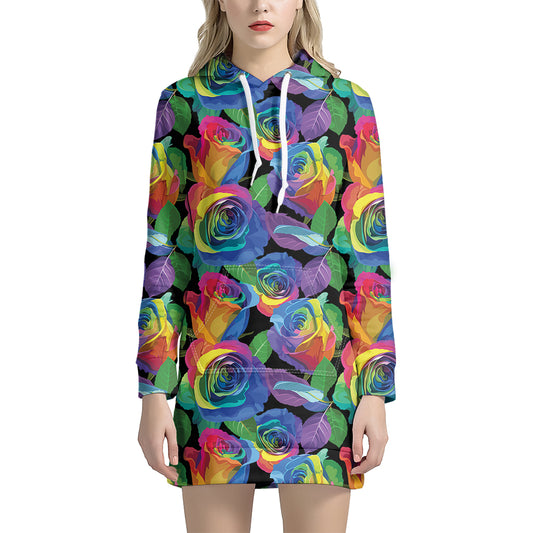 LGBT Pride Rainbow Roses Pattern Print Hoodie Dress