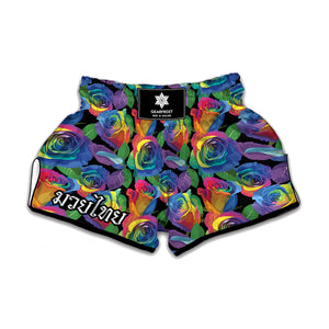 LGBT Pride Rainbow Roses Pattern Print Muay Thai Boxing Shorts