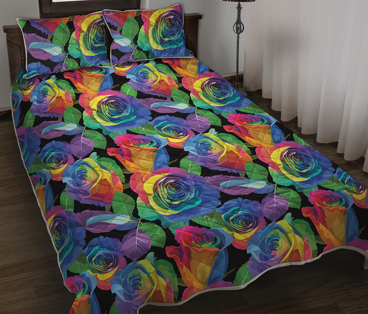 LGBT Pride Rainbow Roses Pattern Print Quilt Bed Set