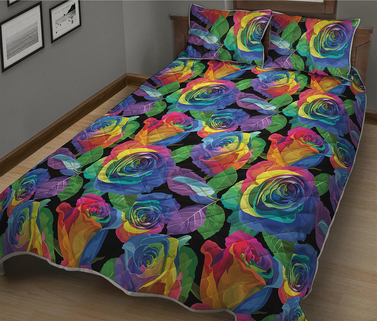 LGBT Pride Rainbow Roses Pattern Print Quilt Bed Set