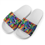 LGBT Pride Rainbow Roses Pattern Print White Slide Sandals
