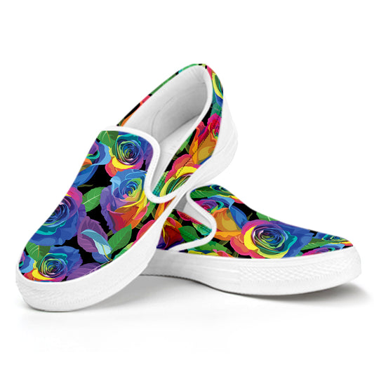 LGBT Pride Rainbow Roses Pattern Print White Slip On Shoes
