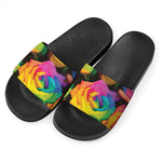 LGBT Pride Rainbow Roses Print Black Slide Sandals