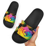LGBT Pride Rainbow Roses Print Black Slide Sandals