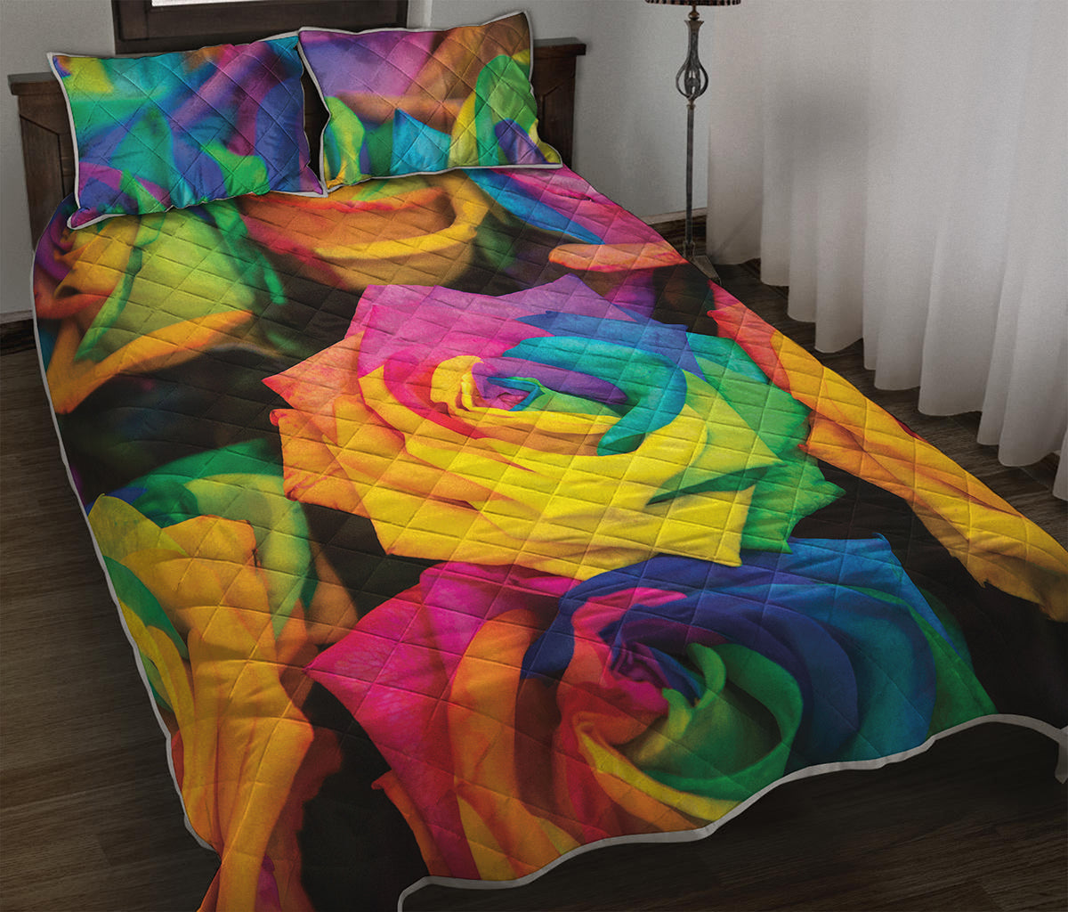 LGBT Pride Rainbow Roses Print Quilt Bed Set