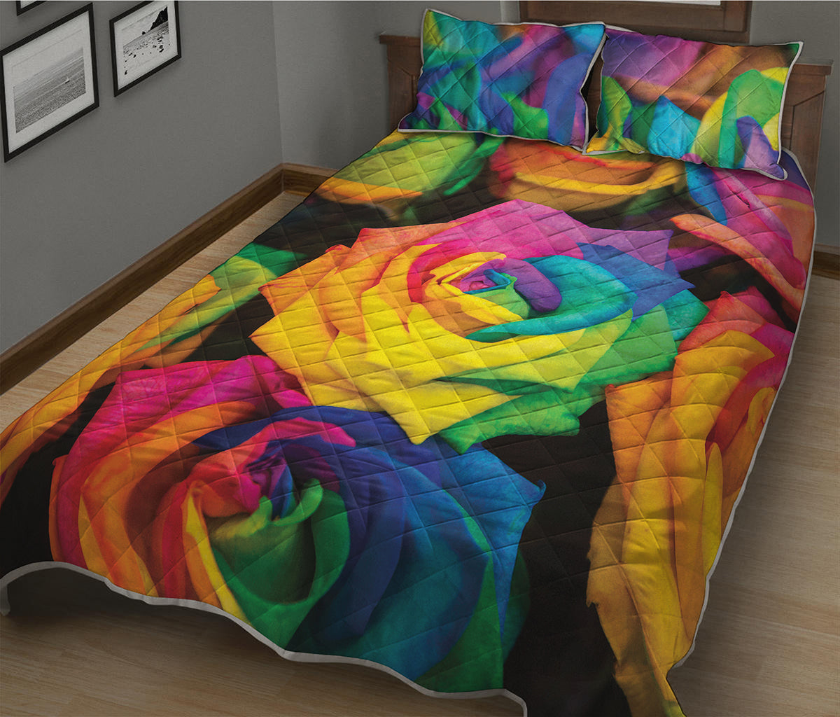 LGBT Pride Rainbow Roses Print Quilt Bed Set