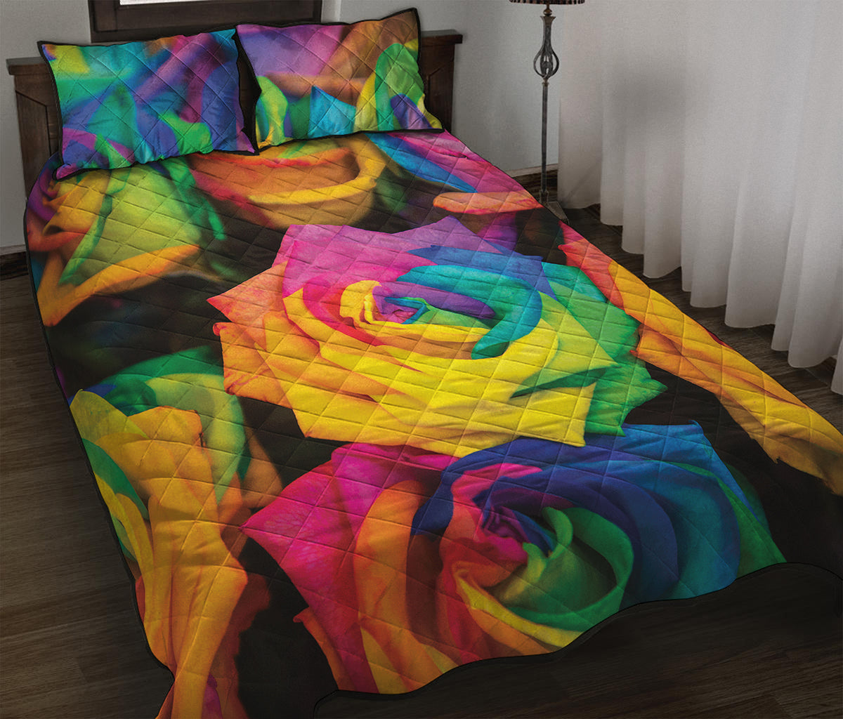 LGBT Pride Rainbow Roses Print Quilt Bed Set