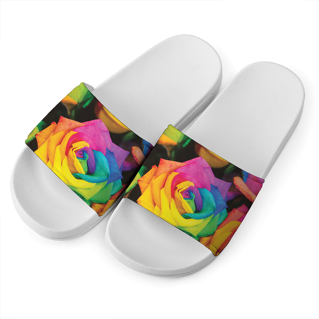 LGBT Pride Rainbow Roses Print White Slide Sandals