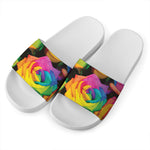 LGBT Pride Rainbow Roses Print White Slide Sandals