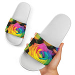 LGBT Pride Rainbow Roses Print White Slide Sandals