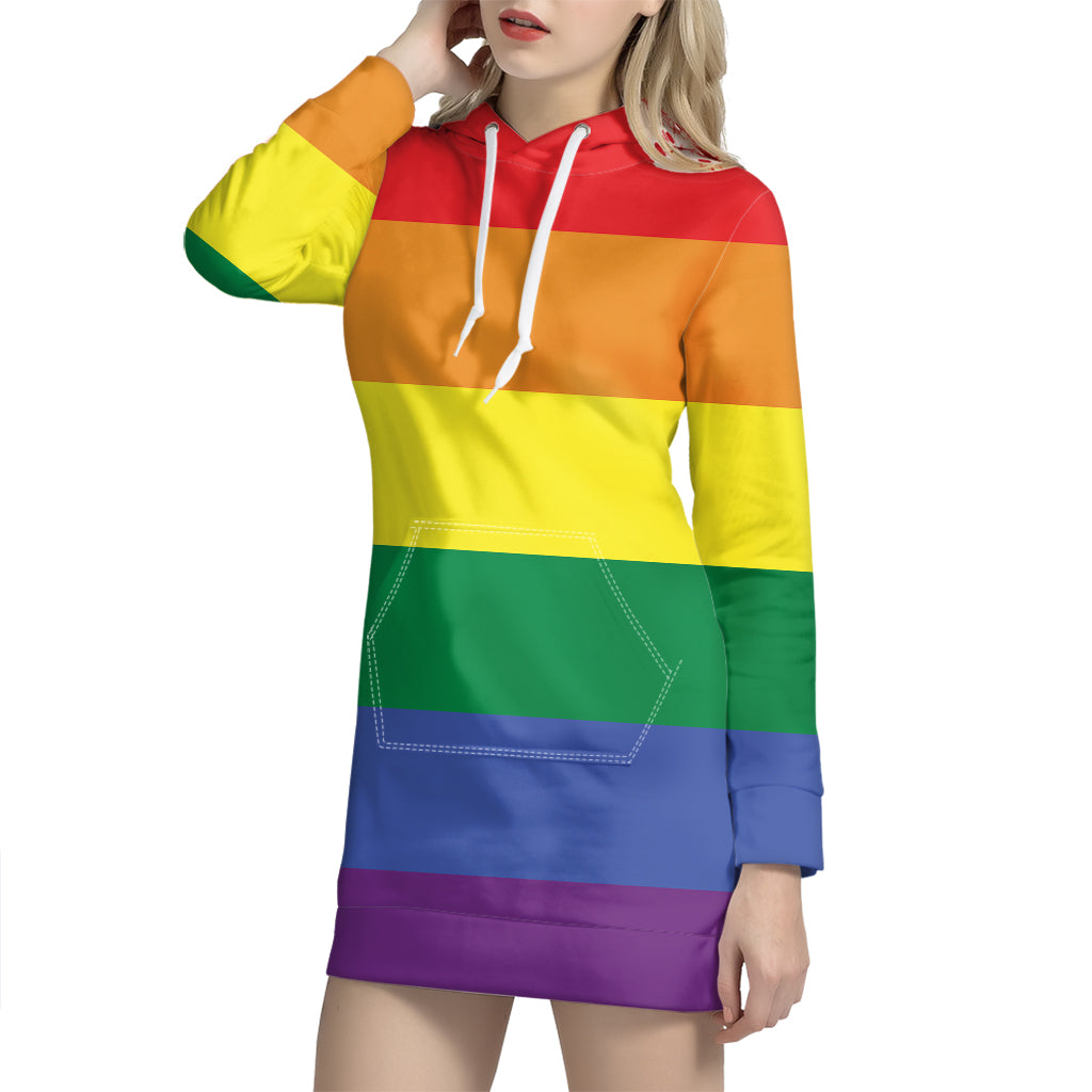 LGBT Pride Rainbow Striped Print Pullover Hoodie Dress