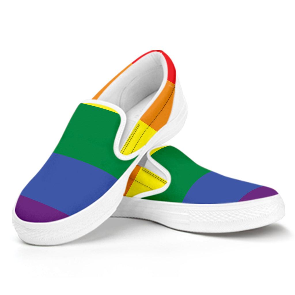 LGBT Pride Rainbow Striped Print White Slip On Shoes