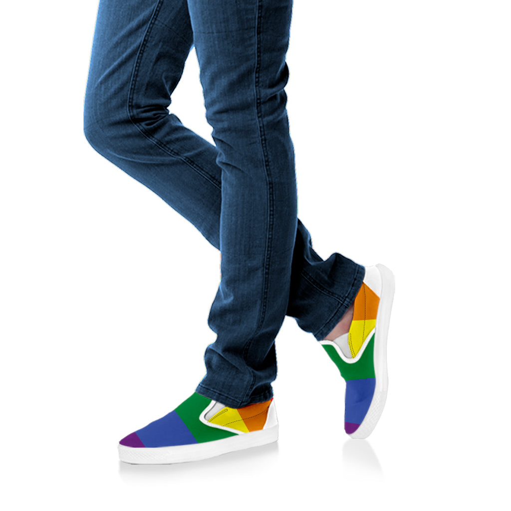 LGBT Pride Rainbow Striped Print White Slip On Shoes