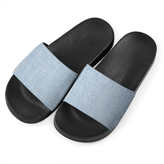 Light Blue Denim Jeans Print Black Slide Sandals