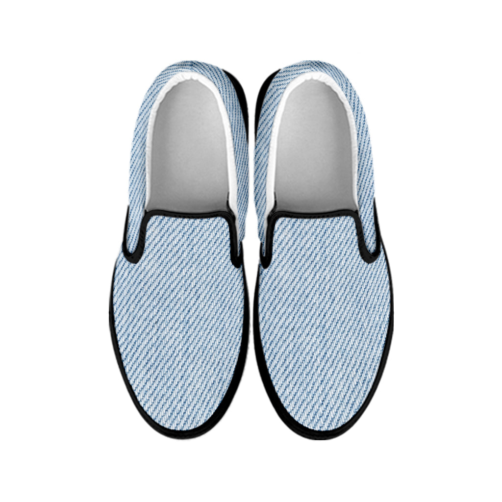 Light Blue Denim Jeans Print Black Slip On Shoes