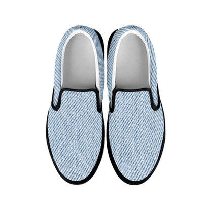 Light Blue Denim Jeans Print Black Slip On Shoes