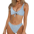 Light Blue Denim Jeans Print Front Bow Tie Bikini