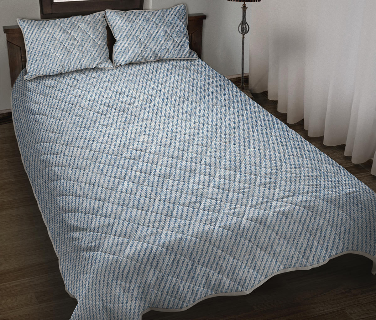 Light Blue Denim Jeans Print Quilt Bed Set