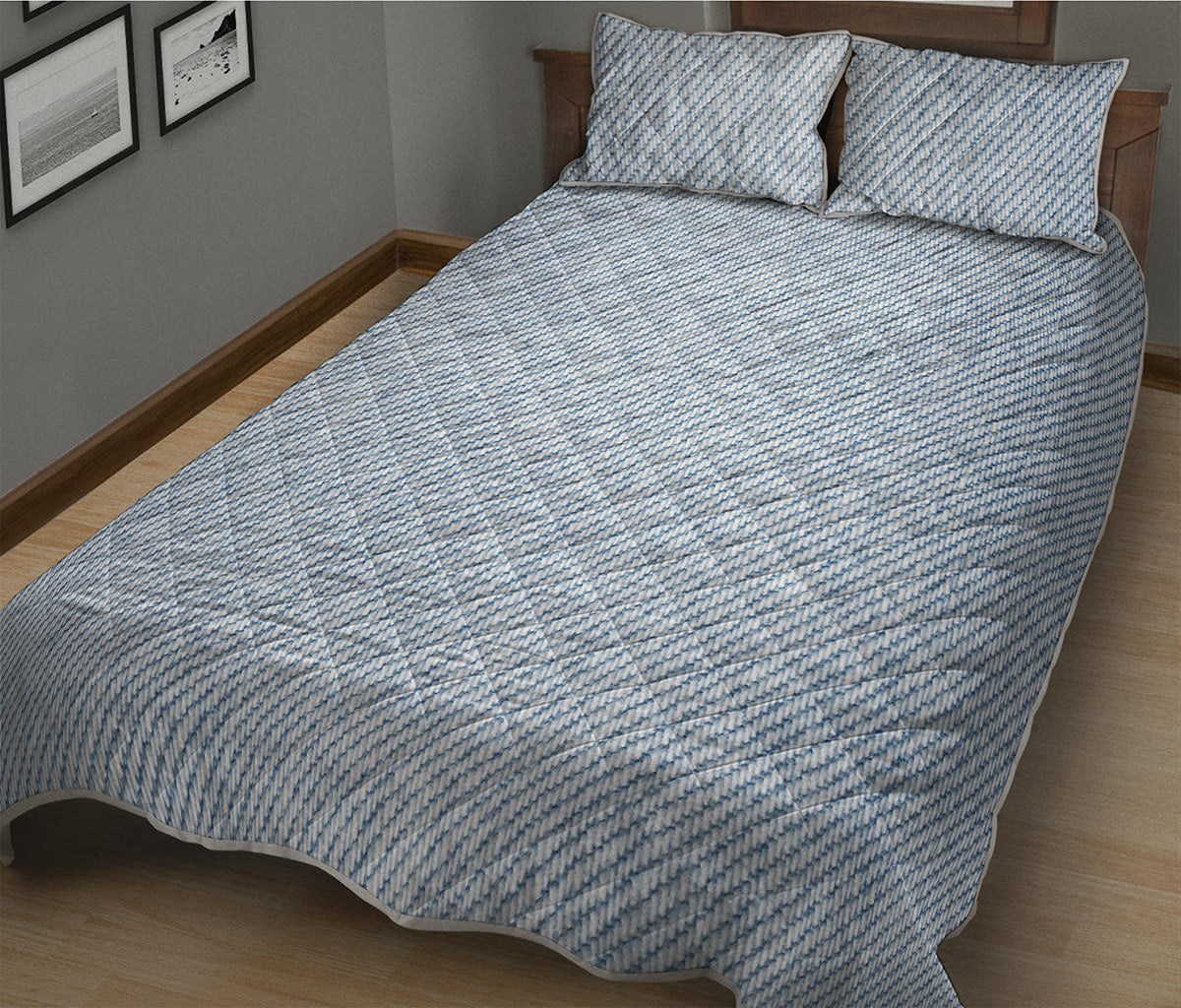 Light Blue Denim Jeans Print Quilt Bed Set