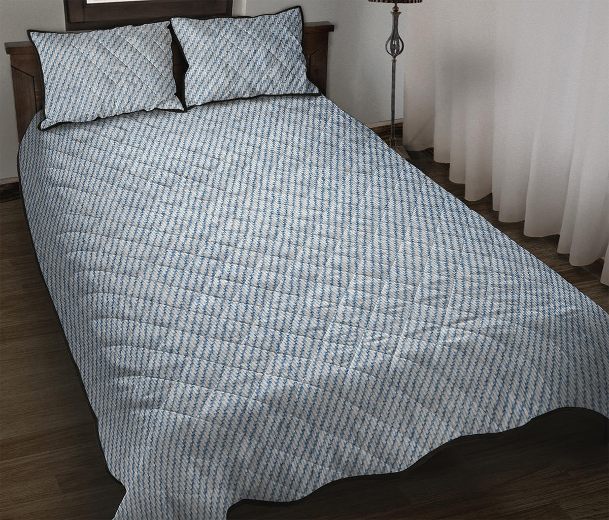 Light Blue Denim Jeans Print Quilt Bed Set