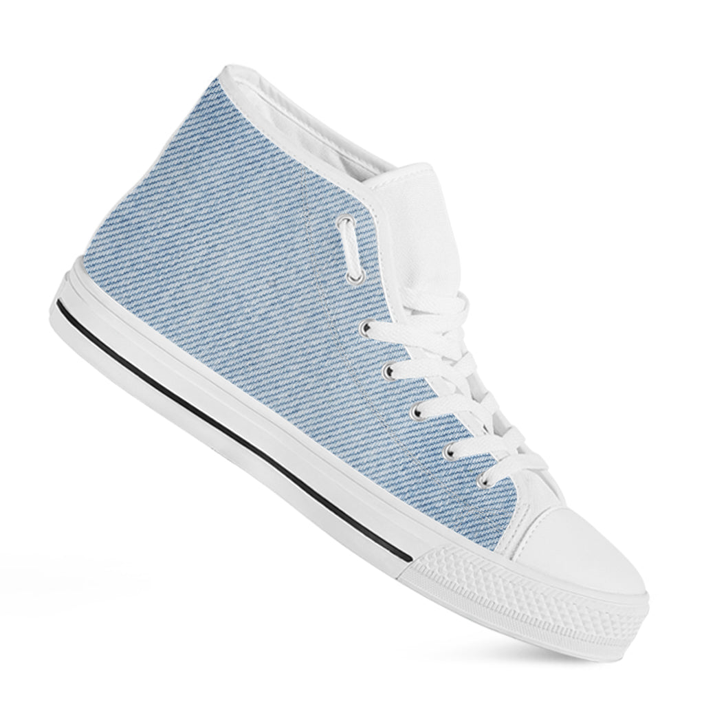Light Blue Denim Jeans Print White High Top Shoes