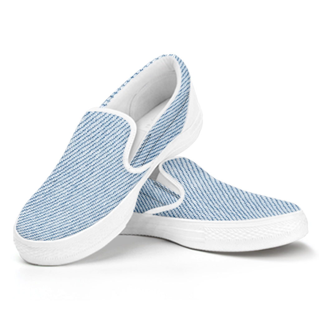 Light Blue Denim Jeans Print White Slip On Shoes