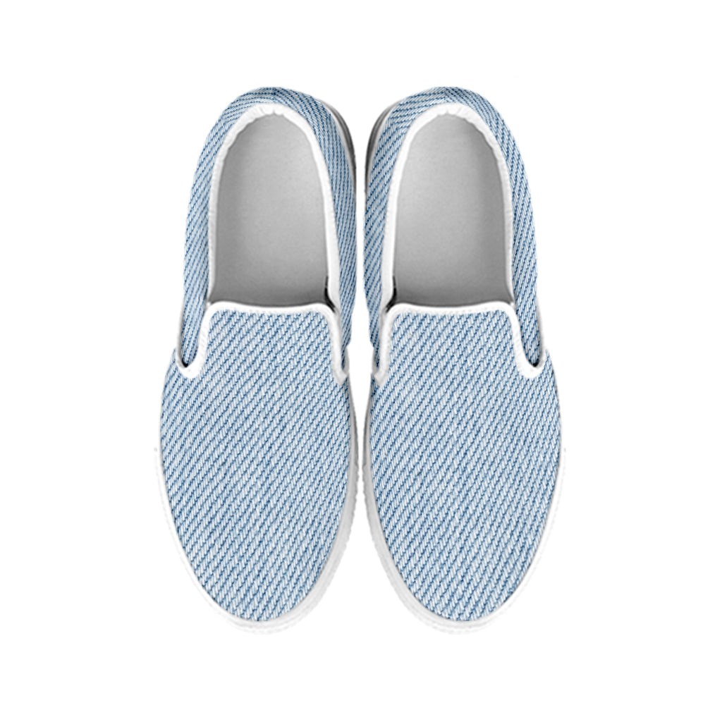 Light Blue Denim Jeans Print White Slip On Shoes