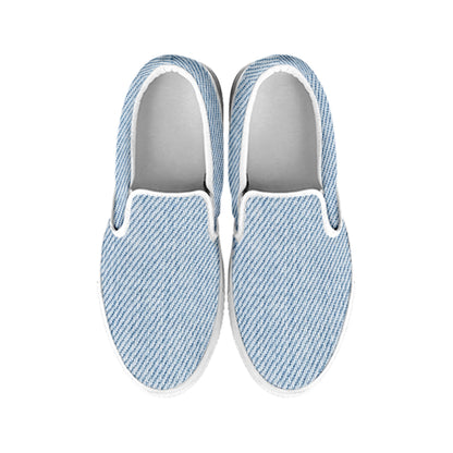 Light Blue Denim Jeans Print White Slip On Shoes